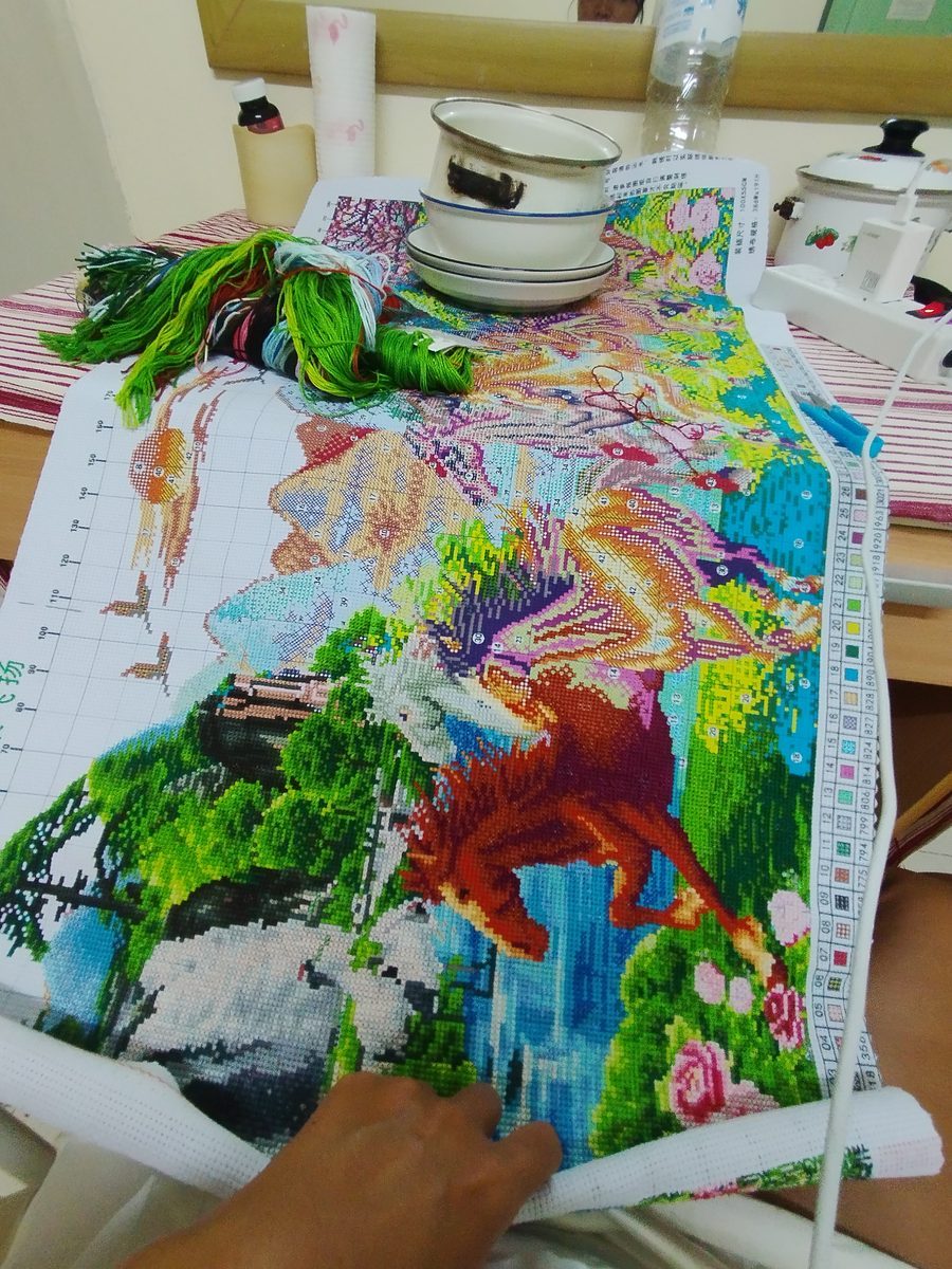 The dragon cross stitch, in progress